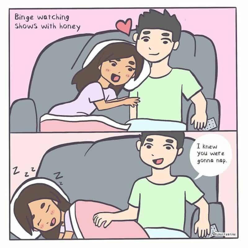 Binge watching shows with honey, girl and boy on couch, girl sleeping, boy smiling.
