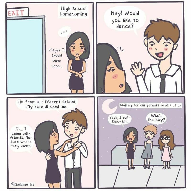High school girl hesitant, boy asks to dance, girl from different school, waiting with friends.