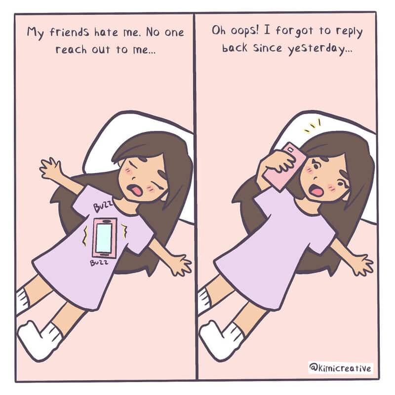 Relatable comic about forgetting to reply to friends, showing girl lying down with phone.