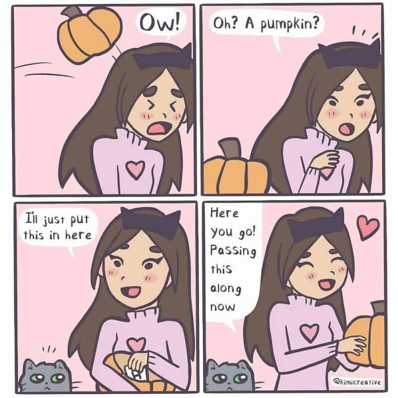 Girl with cat gets pumpkin, girl injures herself, girl gives pumpkin to cat.