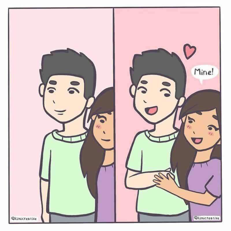 Comic showing a girl claiming a boy as hers, with the boy smiling and girl hugging him.