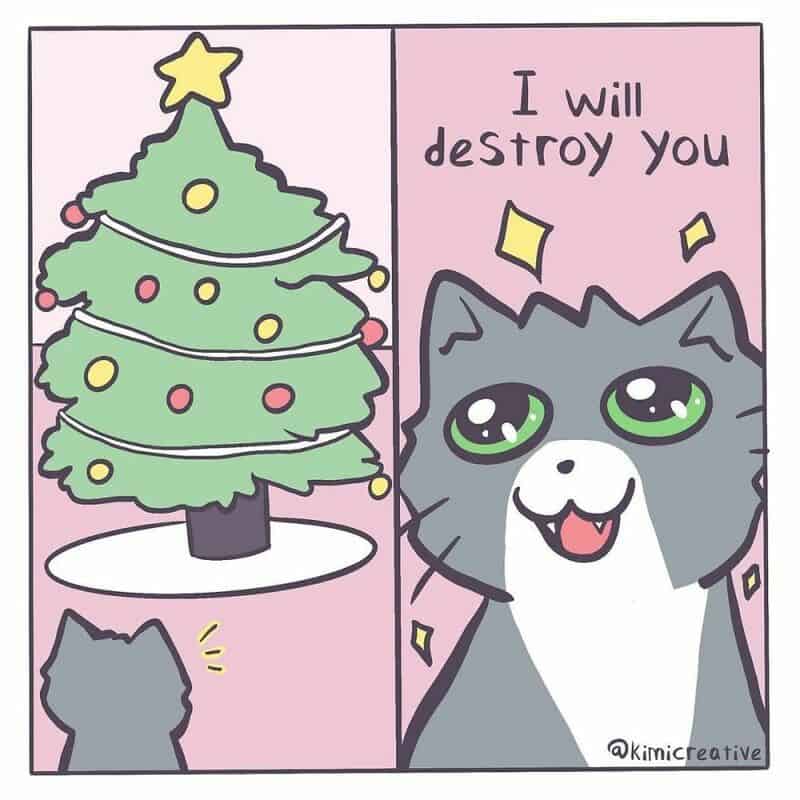 Cartoon cat threatening to destroy a decorated Christmas tree.