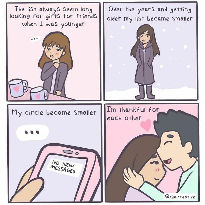 Relatable comic about aging, gift lists, and friendship with a girl and a boy.