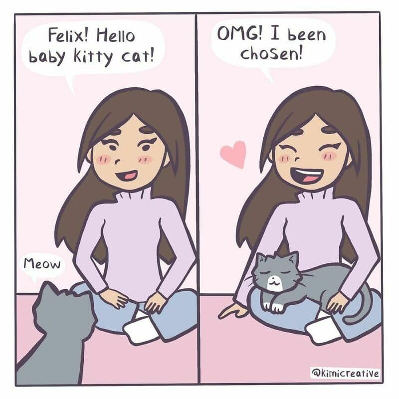 Girl excitedly introduces her new kitten to Felix, who is surprised and happy.