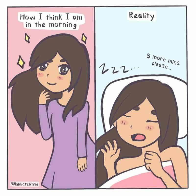 Comic showing morning optimism vs. reality of needing more sleep.