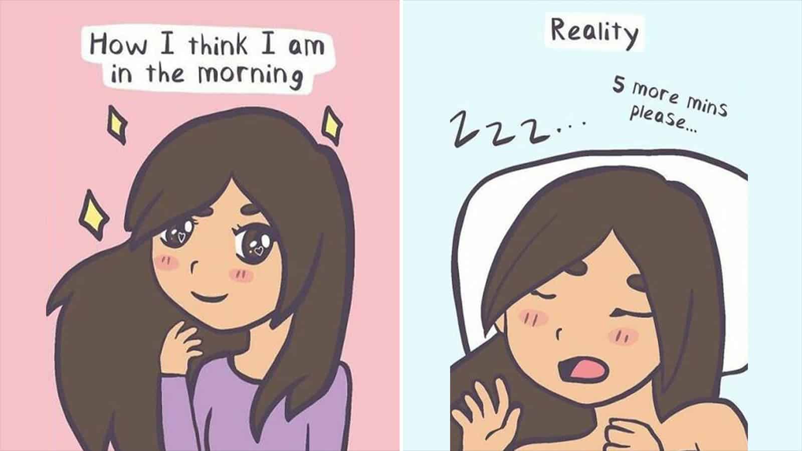 Comic strip showing a girl imagining herself in the morning and sleeping reality.