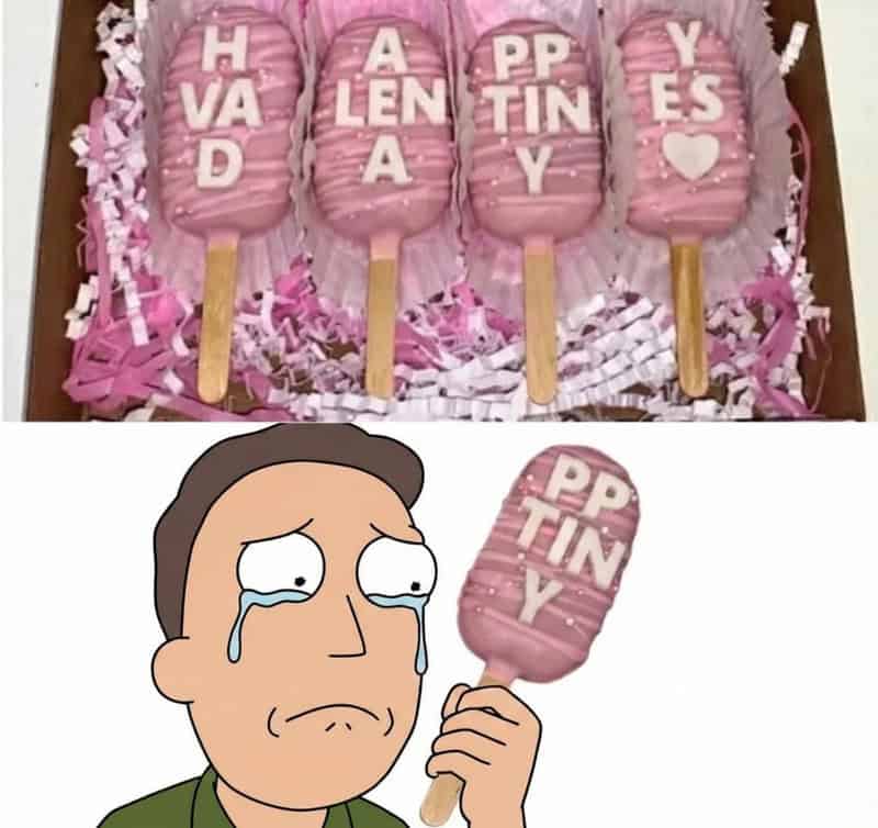 Ice cream pops with 'HAPPY VALENTINES' and a crying cartoon man holding a popsicle.