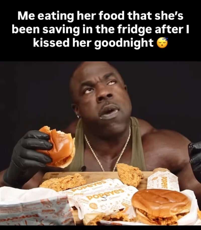 Man eating her saved food after kissing her goodnight, meme from couples memes.