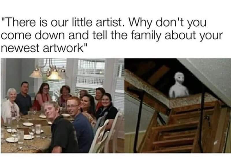 There is our little artist. Why don't you come down and tell the family about your newest artwork.