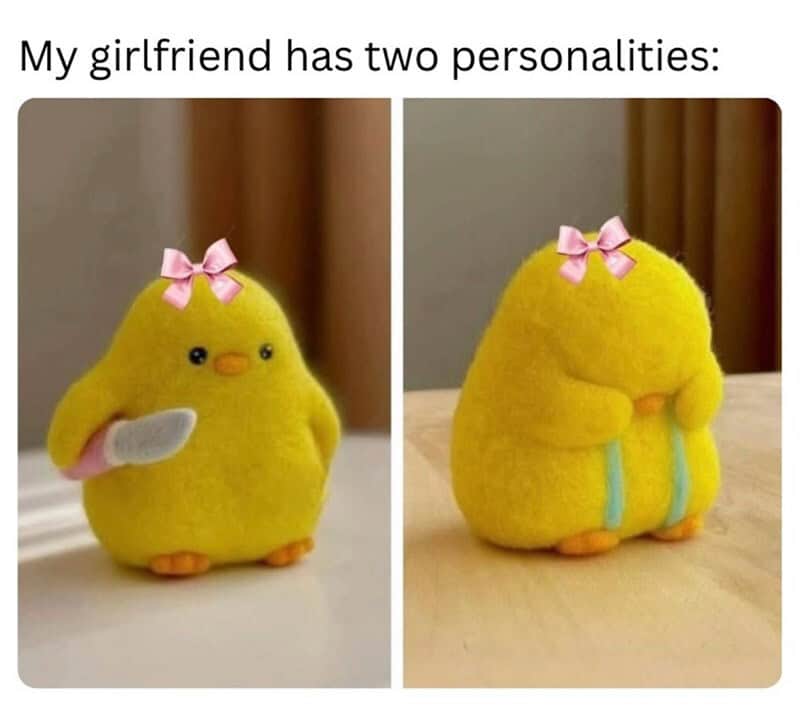 My girlfriend has two personalities: cute chick and shy chick with a pink bow.