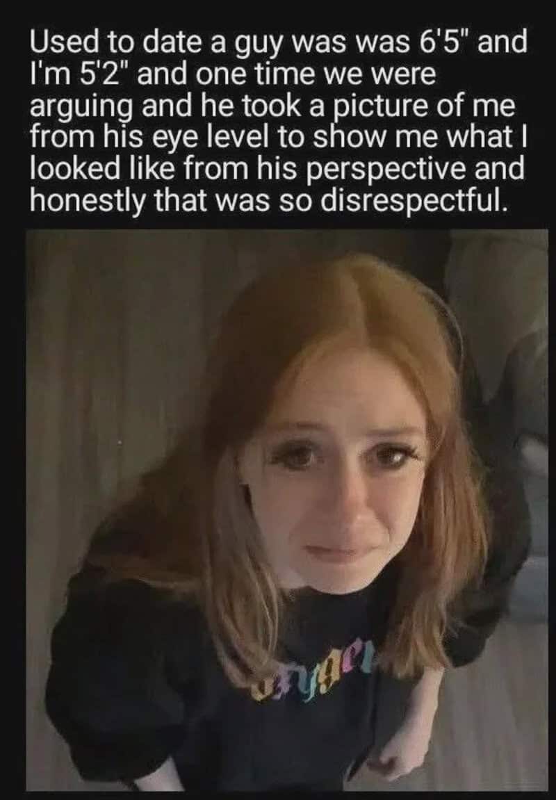 Girl with red hair looking up, text about a disrespectful photo from a relationship.