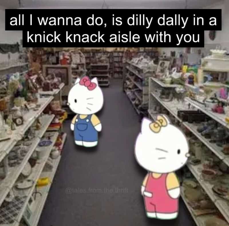 Hello Kitty characters in a store aisle with text about a knick-knack aisle date.