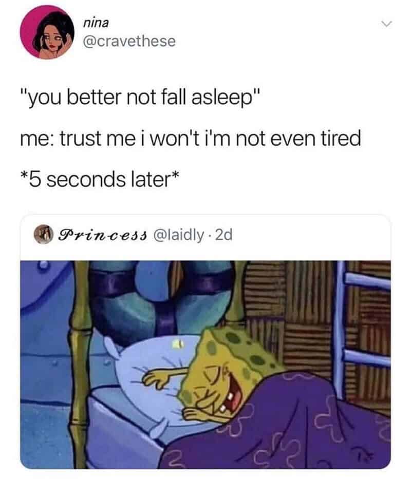 Funny meme about trust and falling asleep, featuring SpongeBob sleeping peacefully.