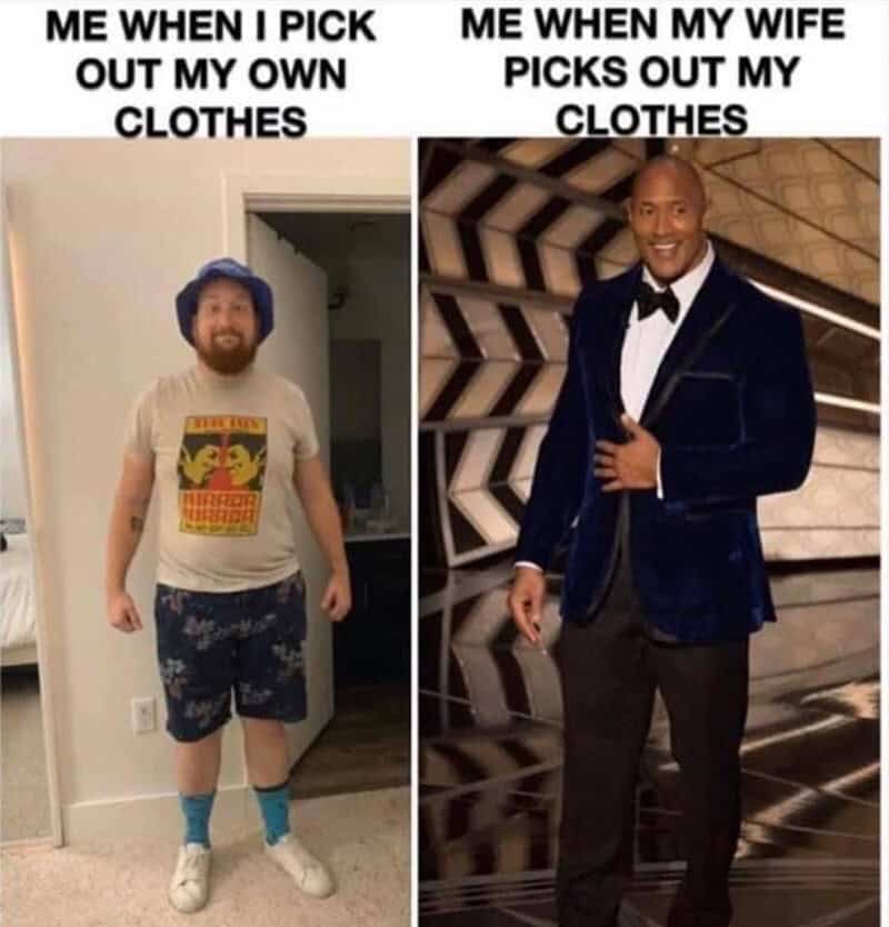 Comparison of man picking clothes and wife picking clothes.