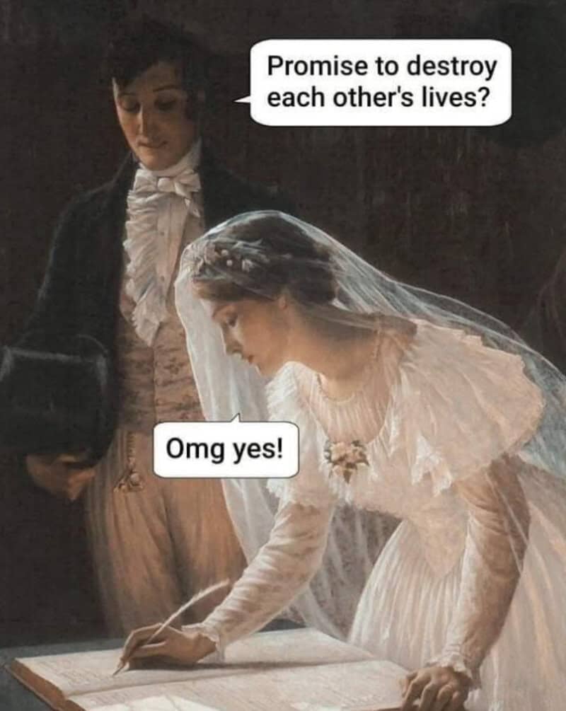 Bride and groom with speech bubbles about destroying each other's lives.