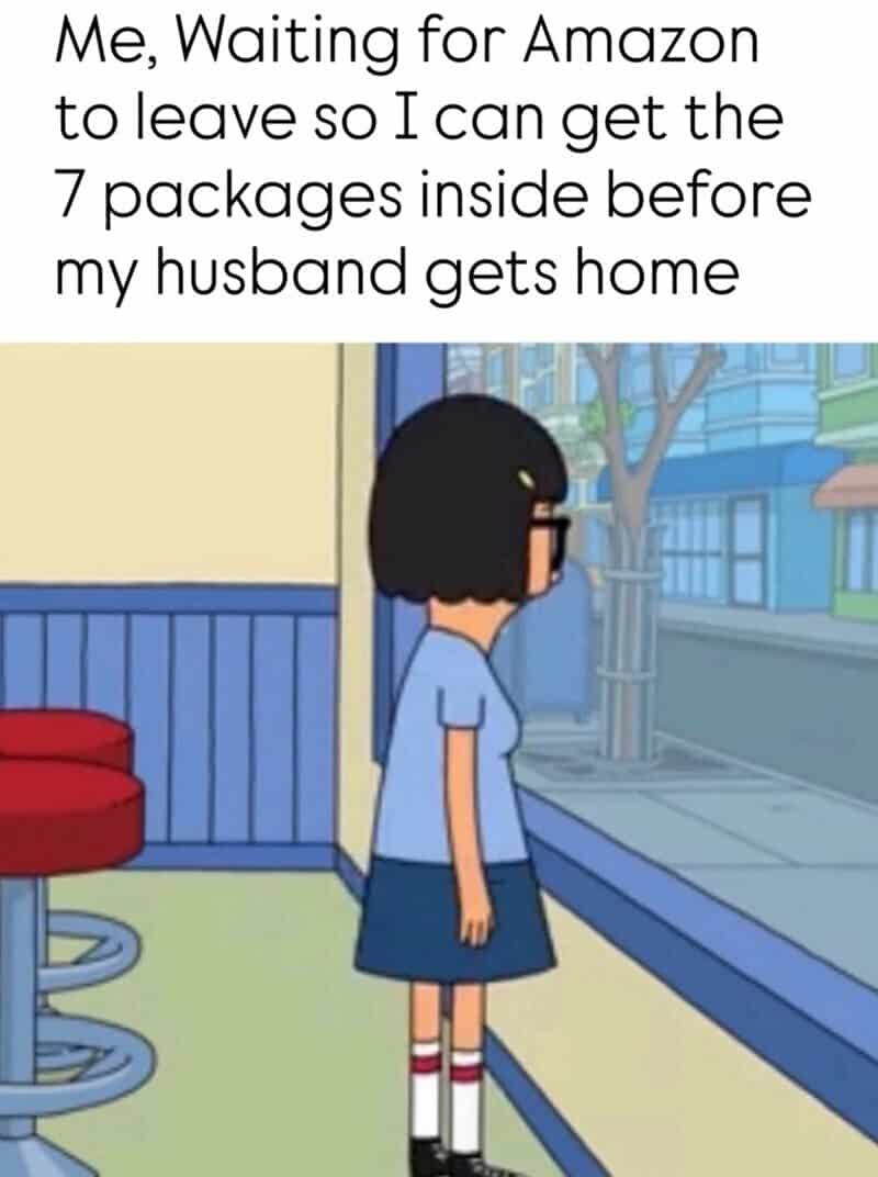 Girl waiting for Amazon to leave so she can get the packages before her husband.