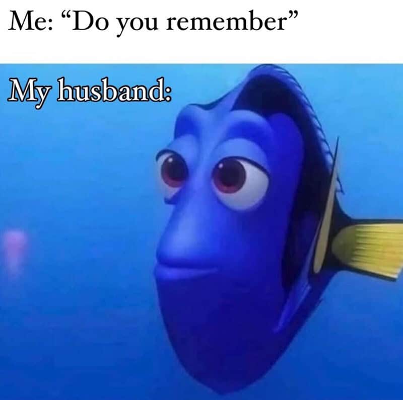 Memes about couples with a cartoon fish and text about remembering.