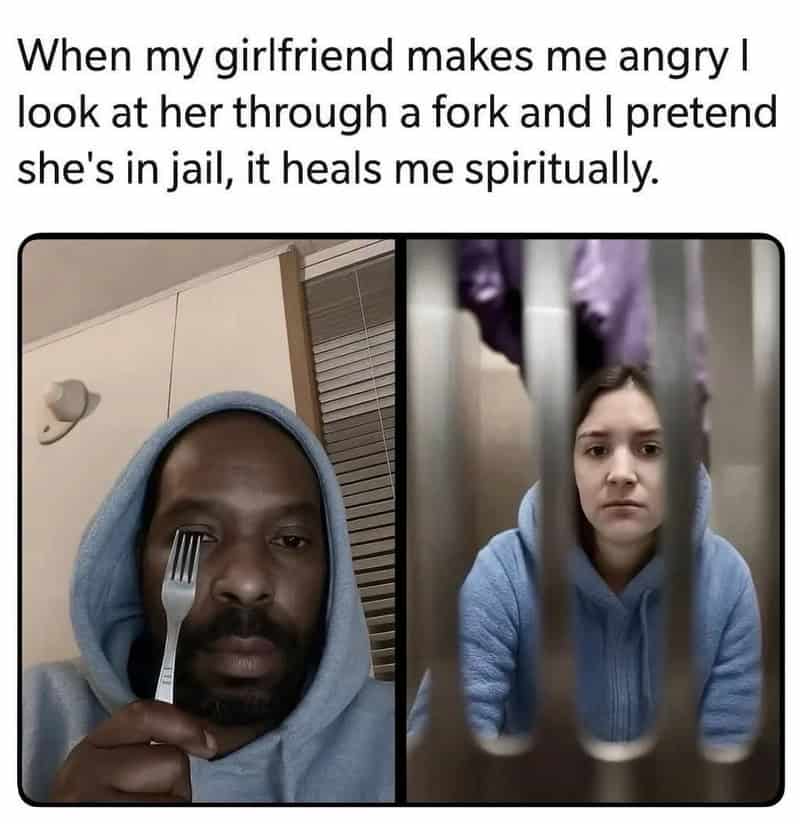 Man with fork in eye, woman looking sad behind bars.