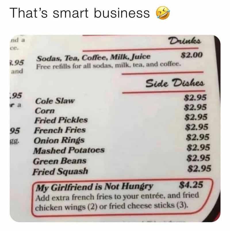 A humorous menu with a section titled 'My Girlfriend is Not Hungry' costing $4.25.