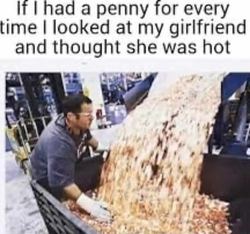 Man looking at his girlfriend with a large pile of money flowing towards her.