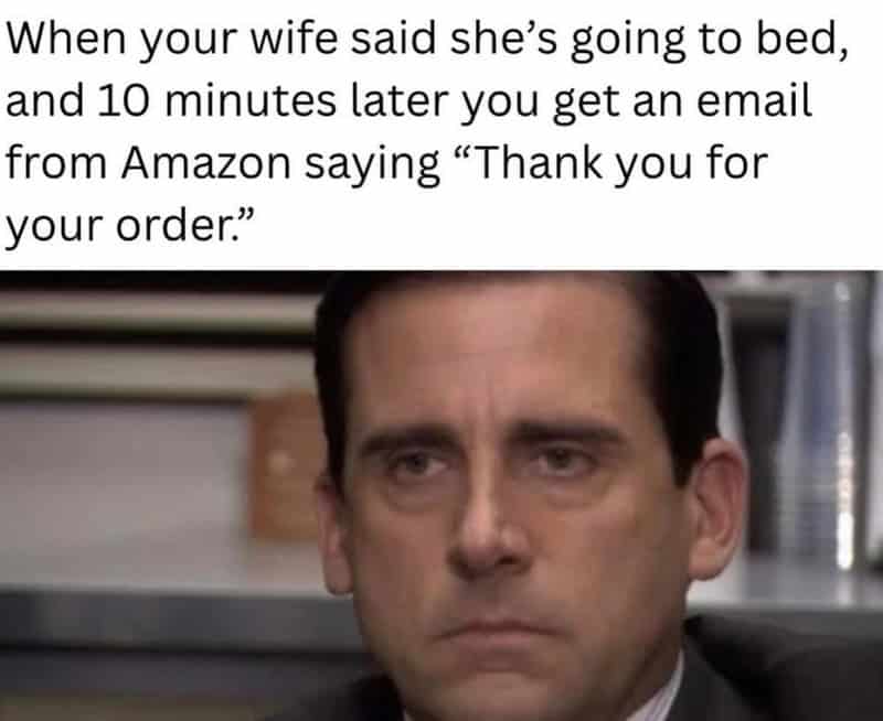 Man with serious expression, caption about wife and Amazon email.