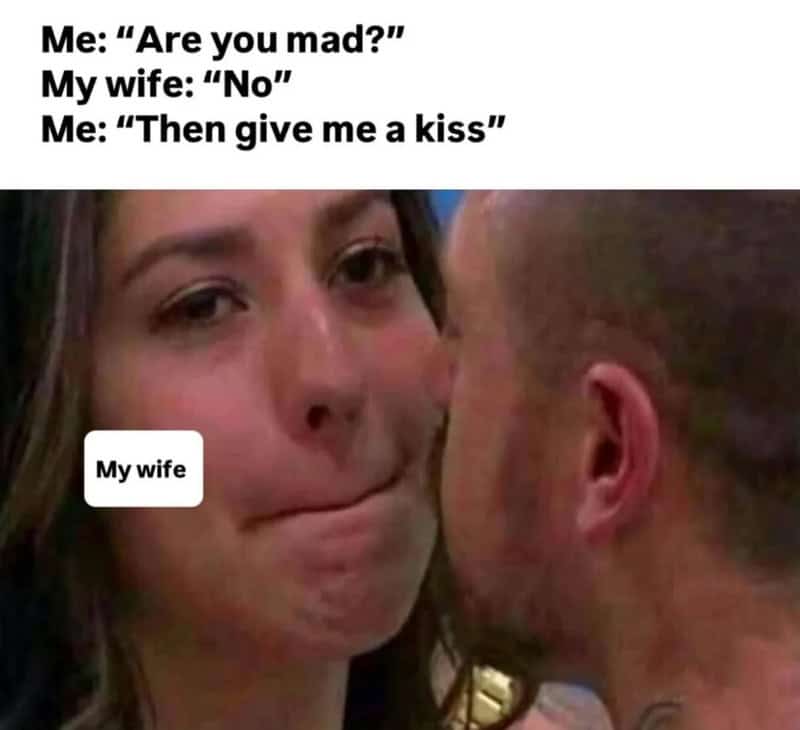 Couples meme with woman and man, woman labeled 'My wife' as he kisses her cheek.