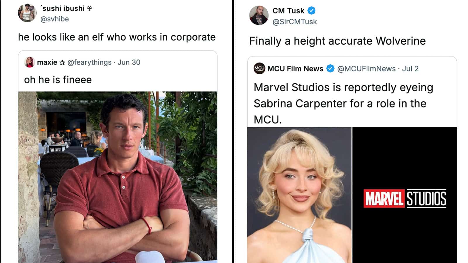 Image of a tweet about an elf working in corporate, with a photo of a man in a red shirt.
