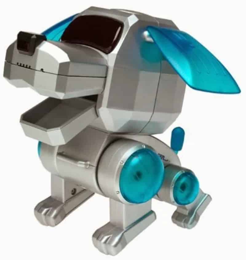 Robot dog toy with blue ears and wheels, resembling a futuristic pet.