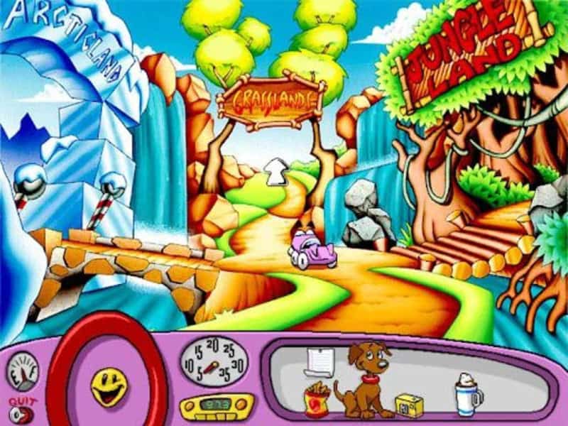 Colorful cartoon amusement park with waterfalls, trees, and a pink car.