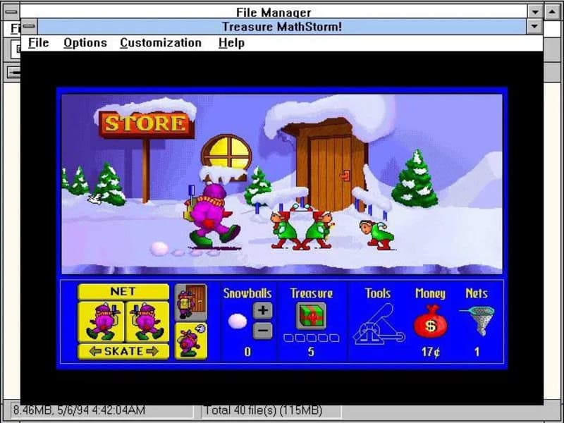 Screenshot of a retro computer game with snow, trees, and characters in winter gear.