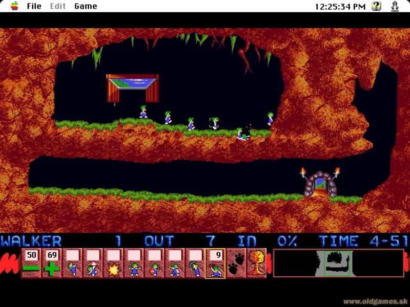 Screenshot of a retro 2D platformer game with cave background and pixelated characters.