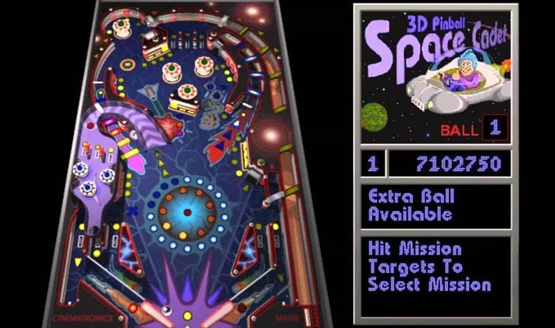 Vintage 3D Pinball Space Cadet arcade game screen with colorful design.