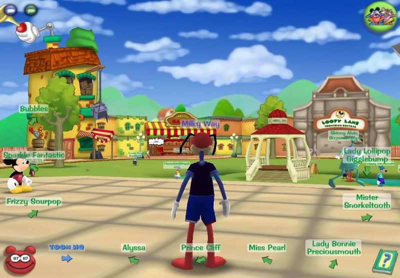 A colorful virtual amusement park scene with various cartoon characters and game elements.