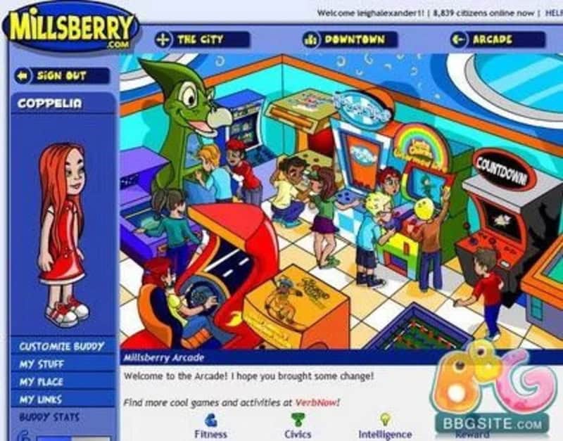 Arcade scene with kids playing games, a girl with red hair, and colorful machines.