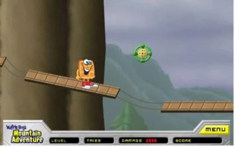SpongeBob SquarePants character on a wooden platform in a mountain adventure game.