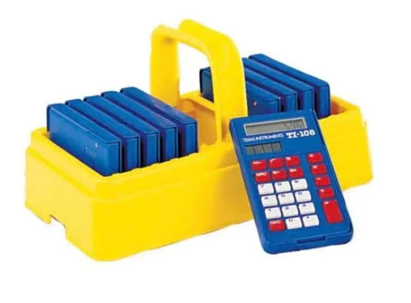 Yellow and blue toy cash register with calculator and play money.