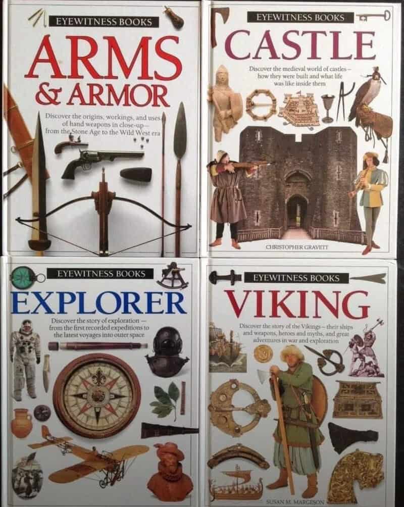 Book covers about arms, castle, explorer, and Viking from the 90s-2000s.
