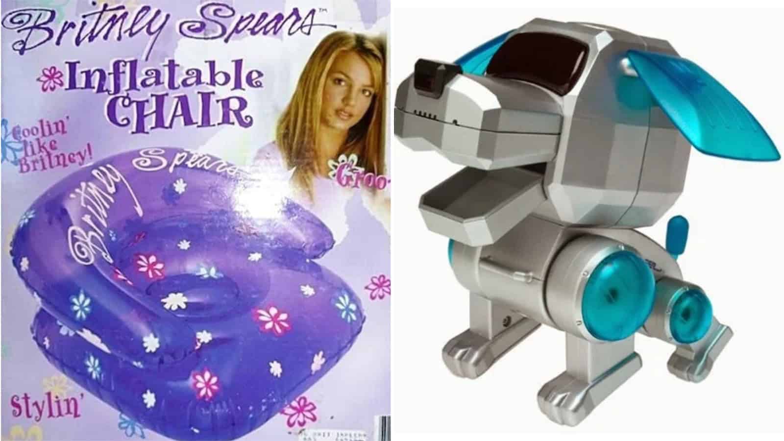 Britney Spears inflatable chair and a robotic dog toy from the 90s or 2000s.