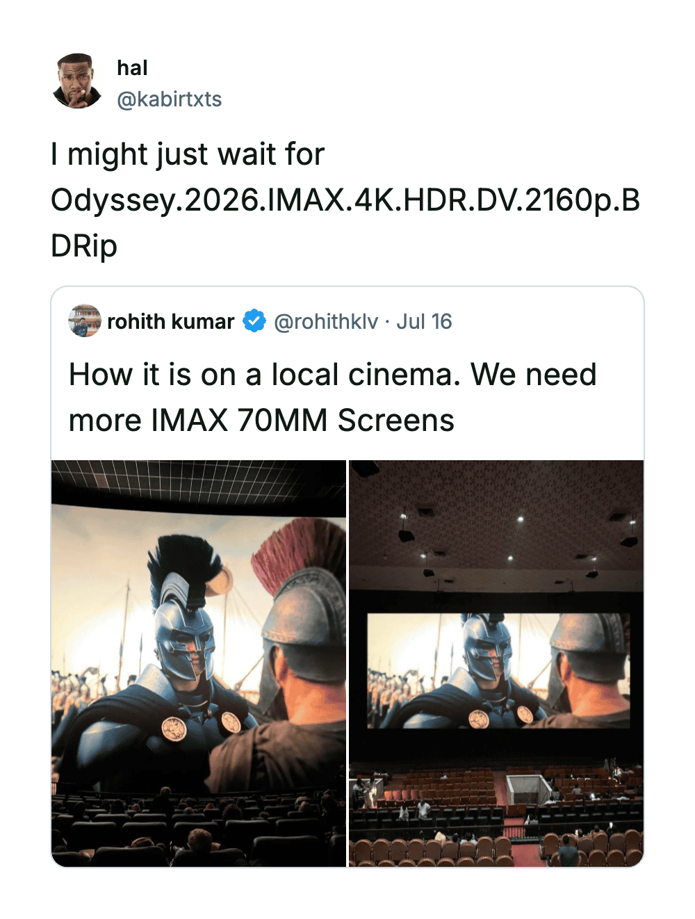 Two images of a movie theater showing a film with a character in a mask.