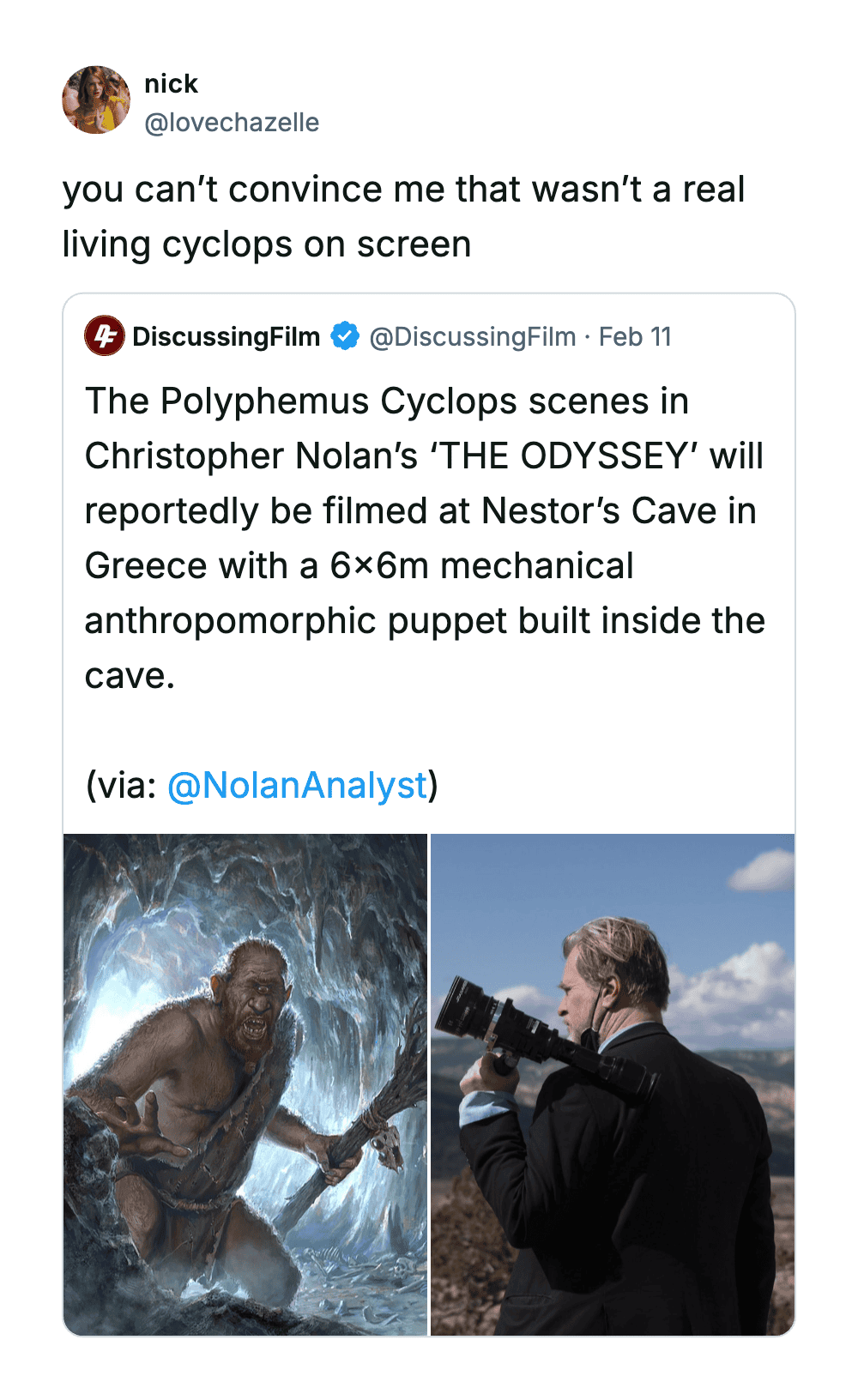 Polyhemus Cyclops scene from Nolan's The Odyssey with a puppet and actor on set.