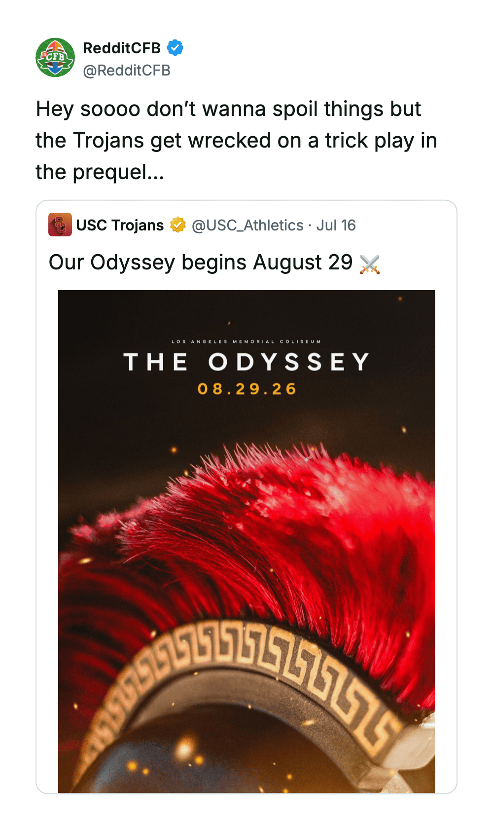 Image of a Trojan helmet with a red crest and Greek key pattern, promoting The Odyssey.