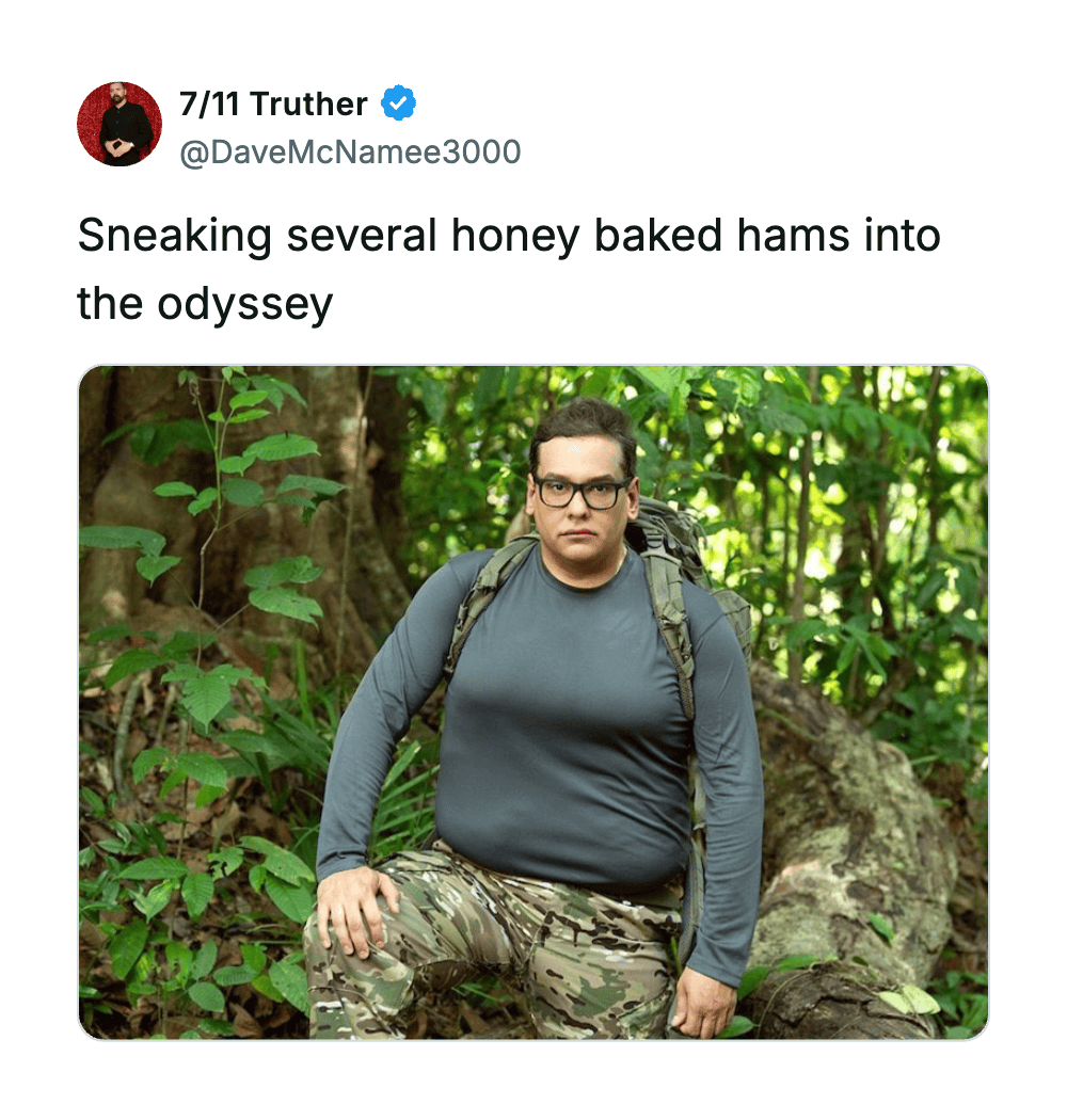Person in a forest with a backpack, sitting on a log, wearing glasses and camouflage pants.