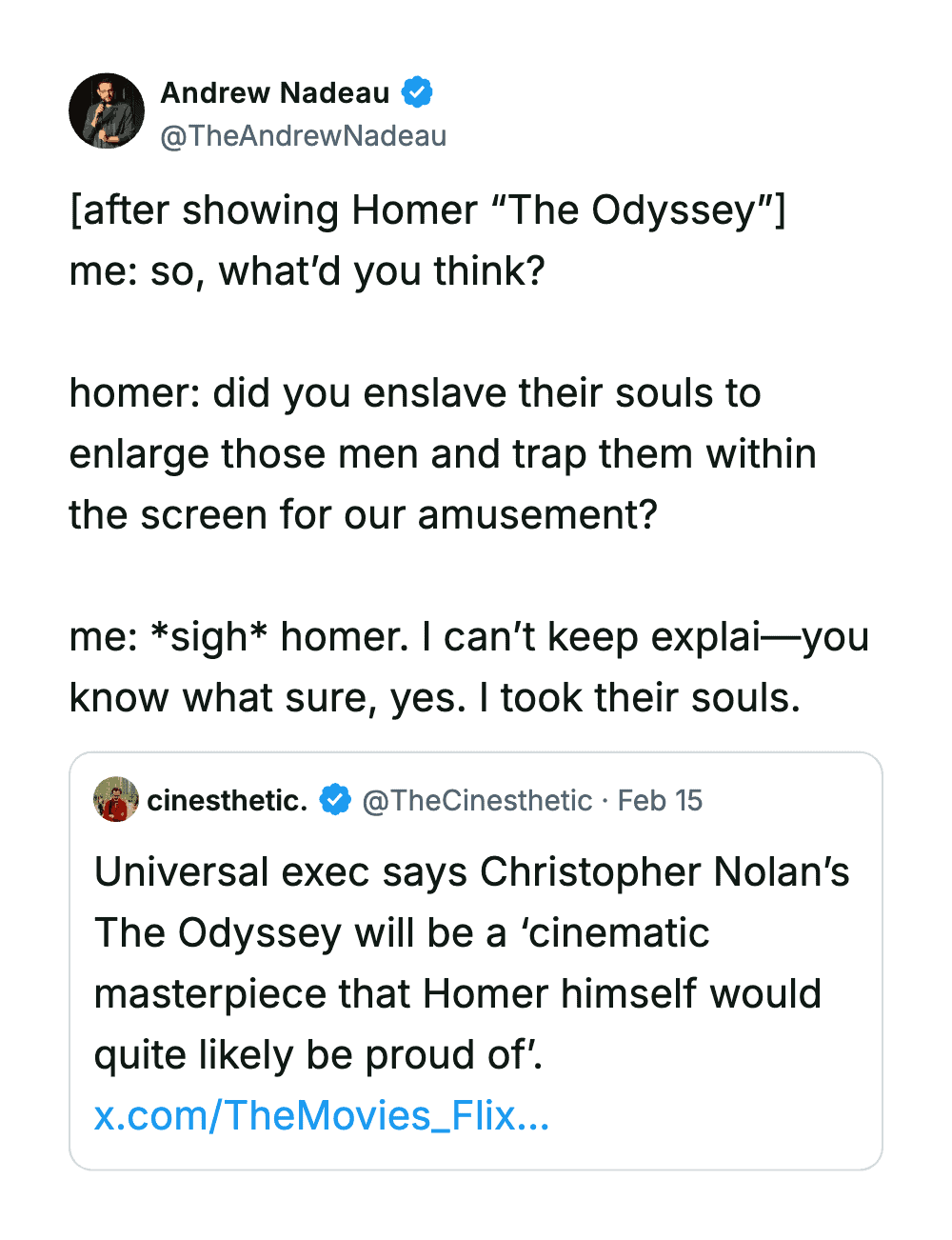 Andrew Nadeau's tweet about Homer and The Odyssey, referencing Nolan's film.