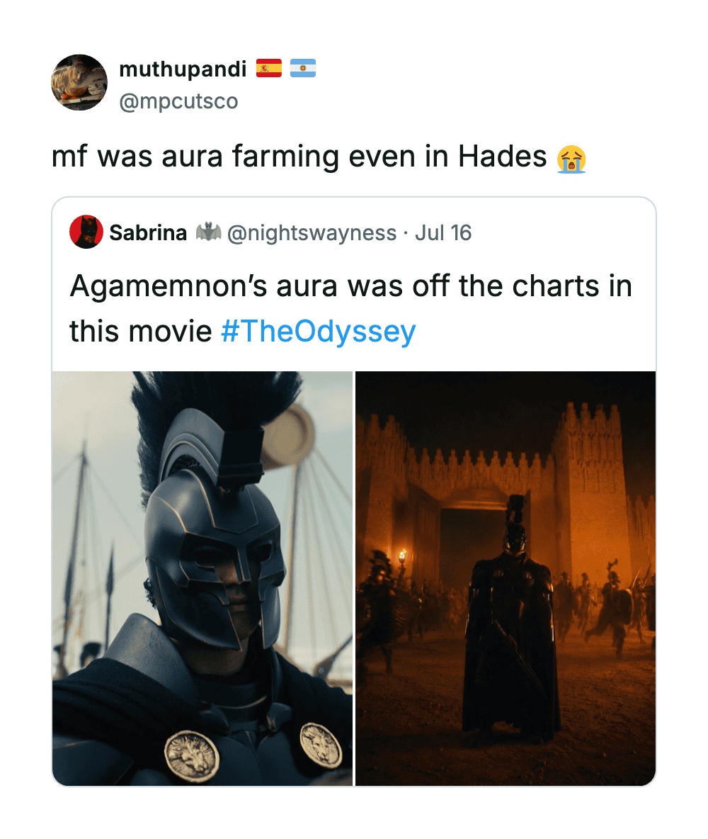 Two images from the movie The Odyssey, one of a character in armor and the other of a dark figure in.