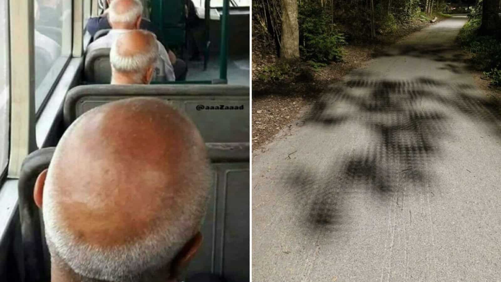 Bald man with gray hair on sides sitting on a bus, view from behind.
