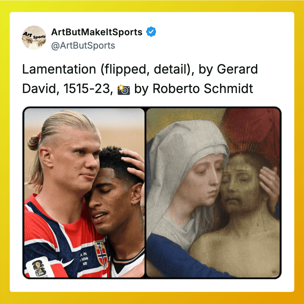 Comparison of a modern emotional scene and a classical painting of lamentation.