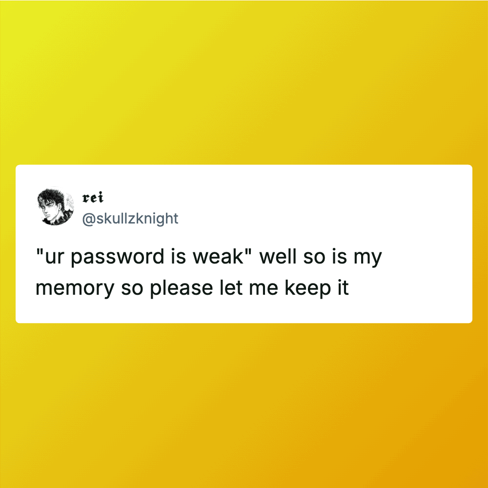 Tweet about weak password and memory, with yellow background.