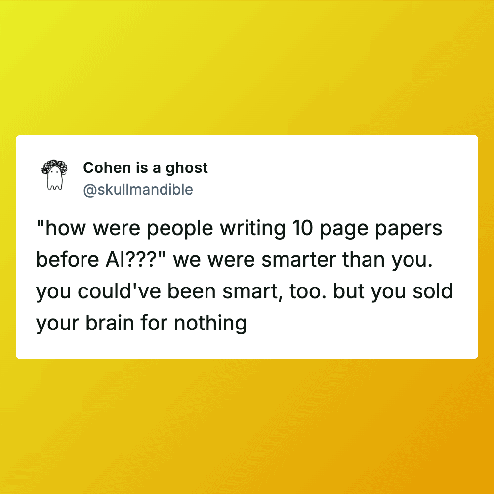 Twitter post about writing 10 page papers before AI, with a ghost avatar and humorous tone.