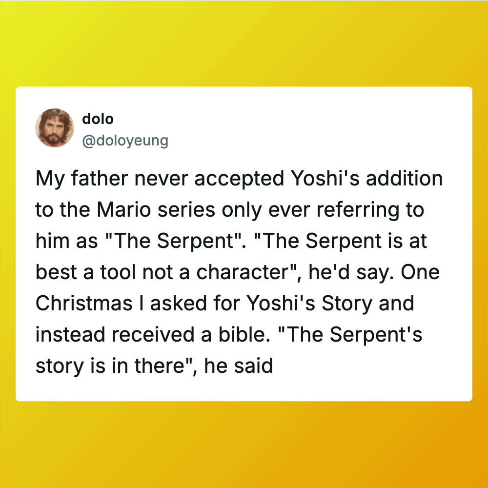 Twitter post about Yoshi's story and a Bible, with a yellow background.