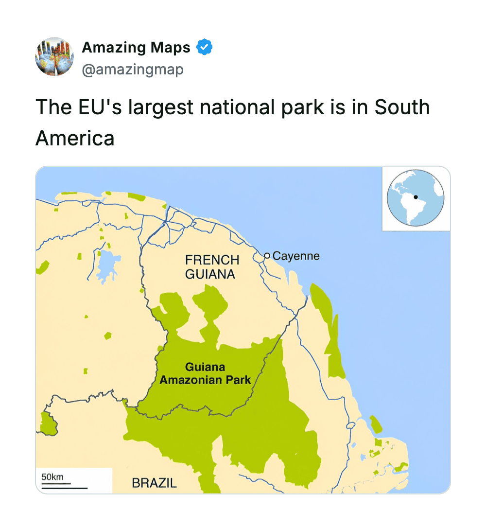 Map showing Guiana Amazonian Park, South America's largest national park in French Guiana.